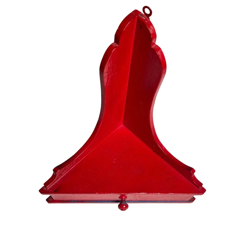 Vintage Red Crackle Wood Corner Shelf with Drawer Wall Hanging Scalloped